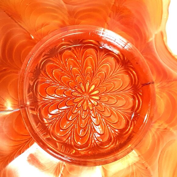 Vintage Fenton Peacock Tail Marigold Carnival Glass Bowl Ruffled Edges Feathers - Picture 5 of 7